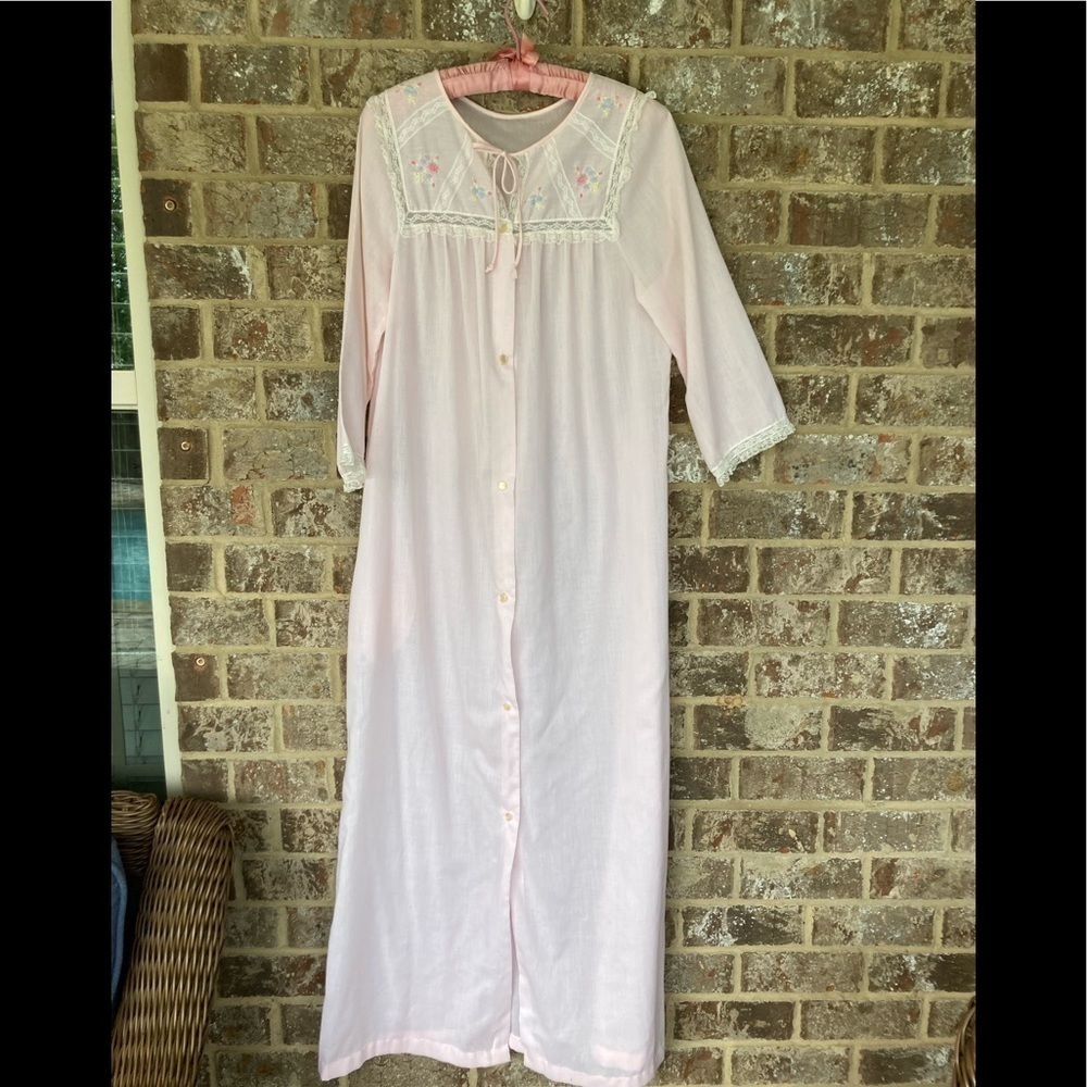 Vintage Pink Kayser Embroidered Flower Pockets House Dress Robe Small